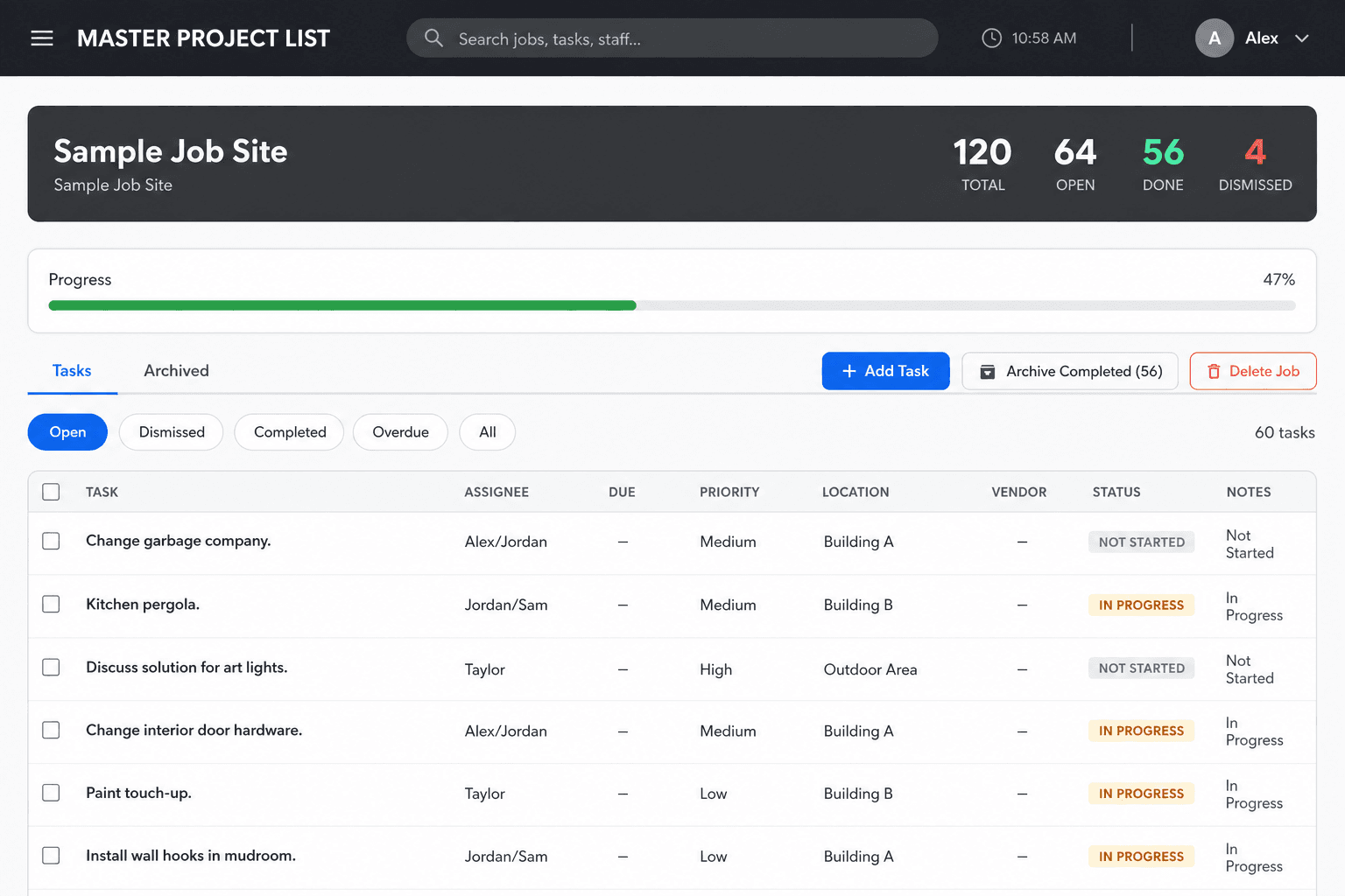 Master Project List job view with tasks and progress